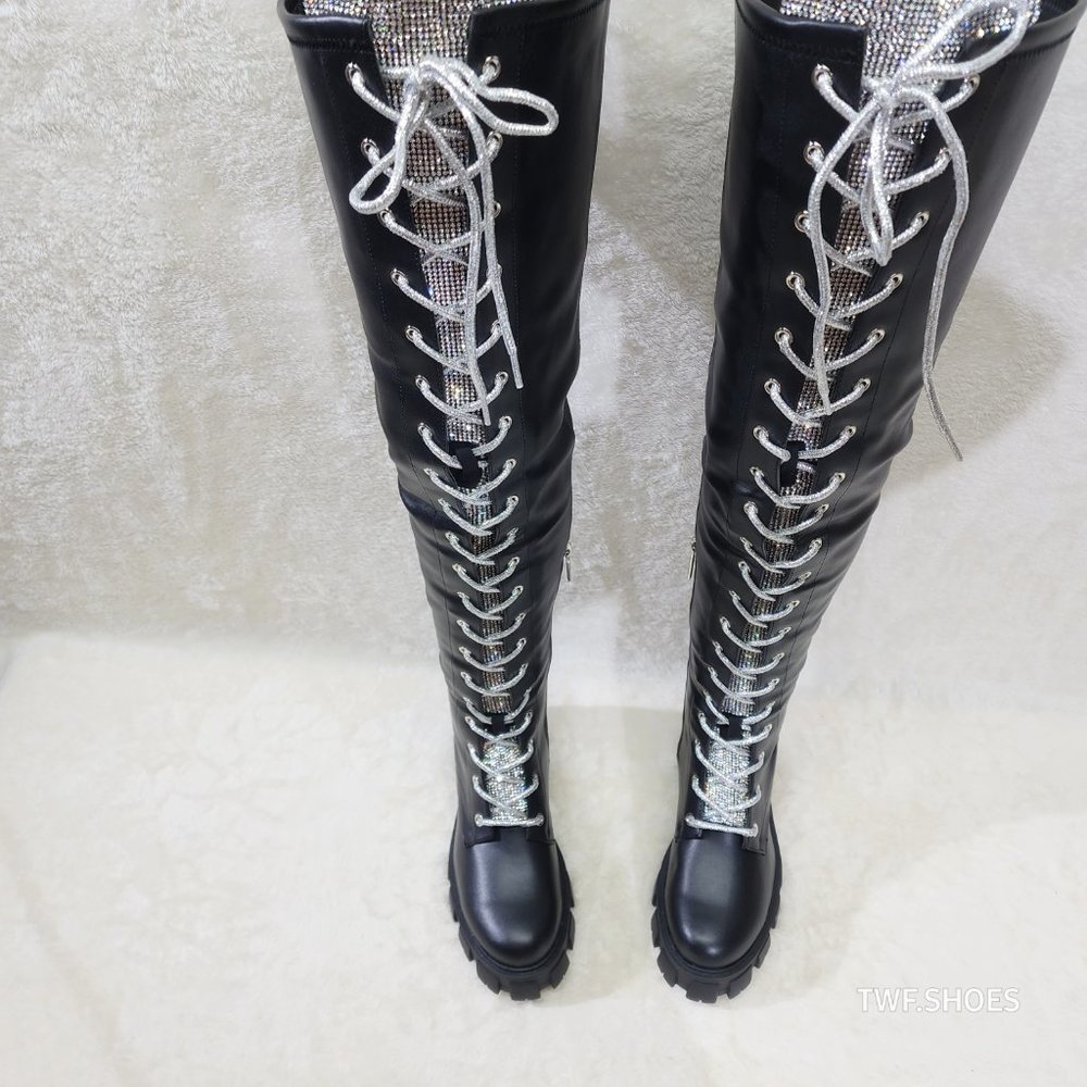 Roscoe Black Combat Thigh High Boots Iridescent Rhinestone Tongue Metallic Laces